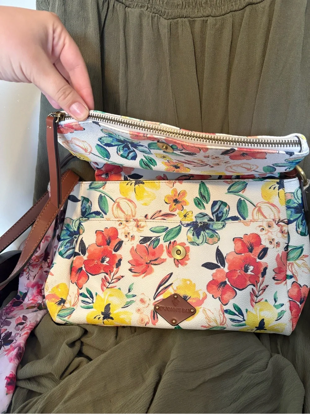 St. John's Bay White Floral Crossbody with Brown Strap